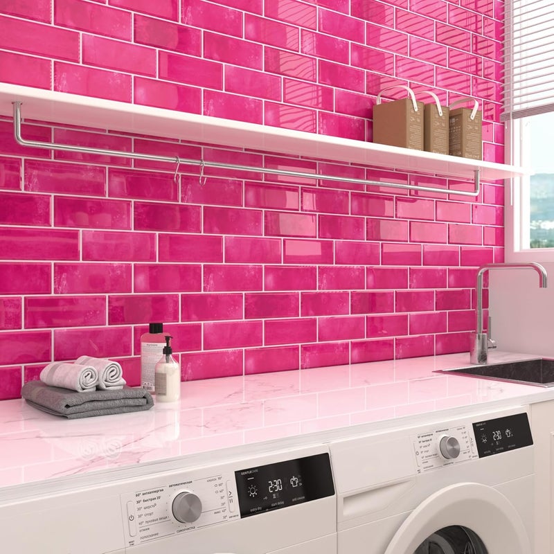 Decotalk Backsplash Tile Peel and Stick 15-Pack Hot Pink Kitchen Backsplash Tiles Peel & Stick 12x12 Inch Subway Tile Backsplash for Kitchen Wall Hot Pink Subway Backsplash for Bathroom Waterproof - Image 2